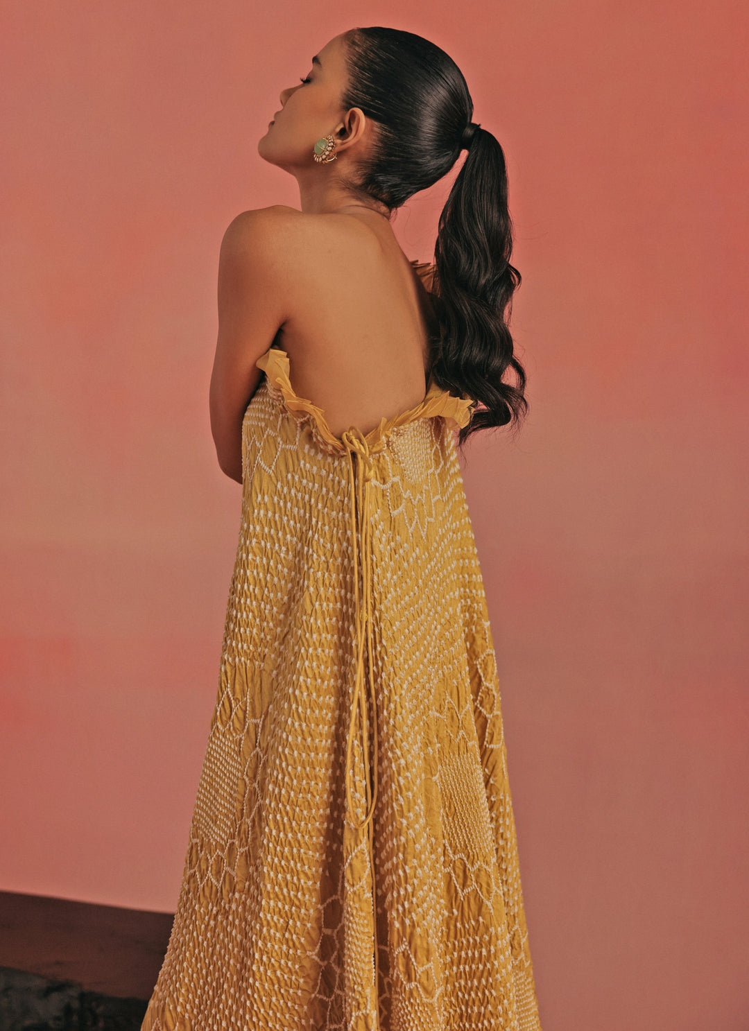 Yellow Bandhani One Shoulder Top And Pants Set