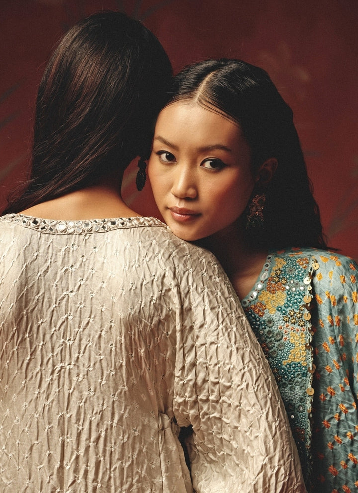 Pastel Blue Bandhani Kaftan Kurta Palazzo