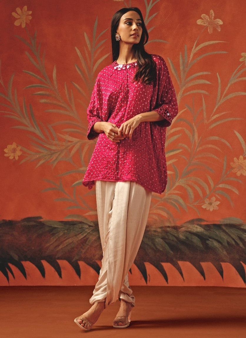 Hot Pink And Blush Bandhani Tunic Top With Dhoti