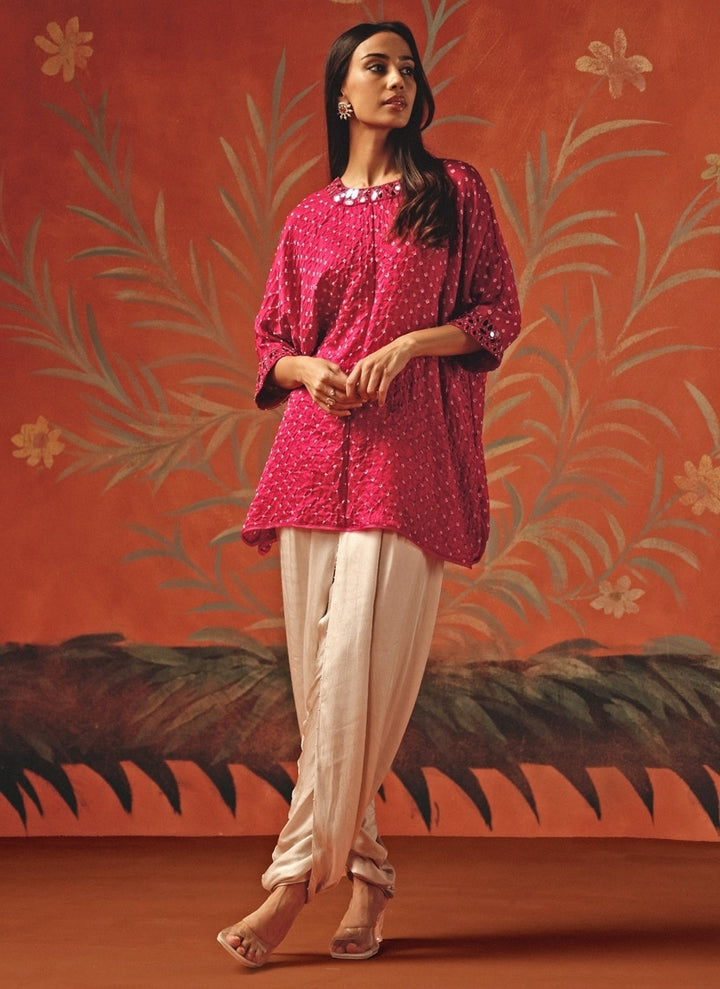 Hot Pink And Blush Bandhani Tunic Top With Dhoti