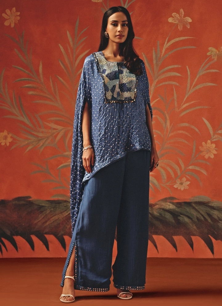 Blue Bandhani Cape With Pants