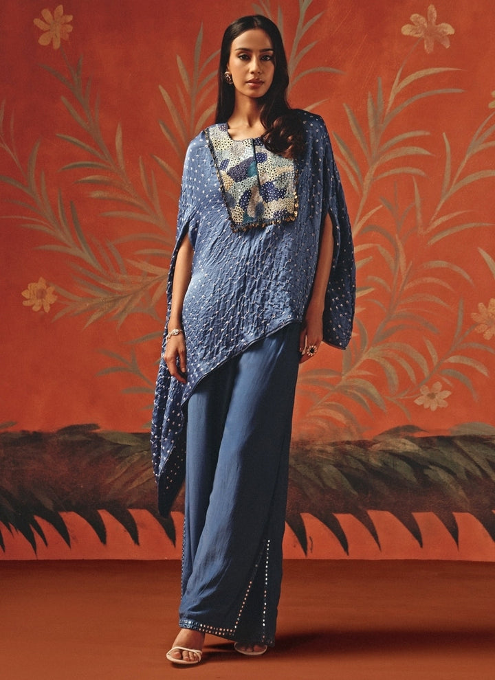 Blue Bandhani Cape With Pants