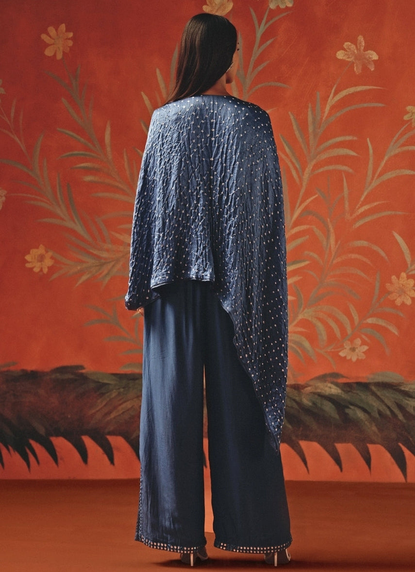 Blue Bandhani Cape With Pants