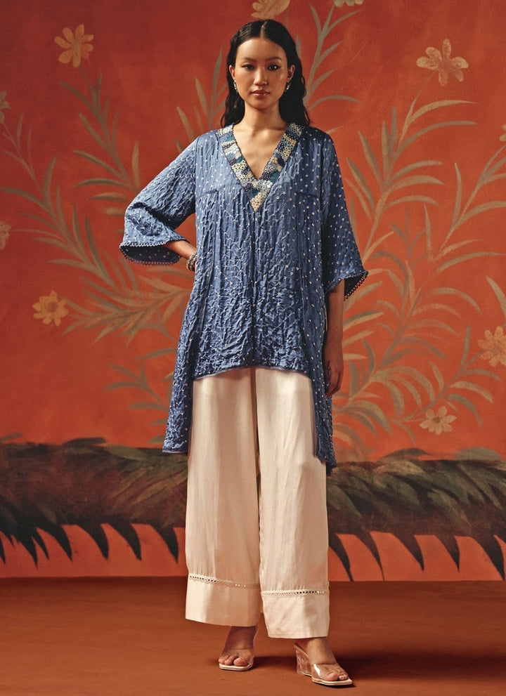 Blue And Ivory Bandhani Kurta Palazzo