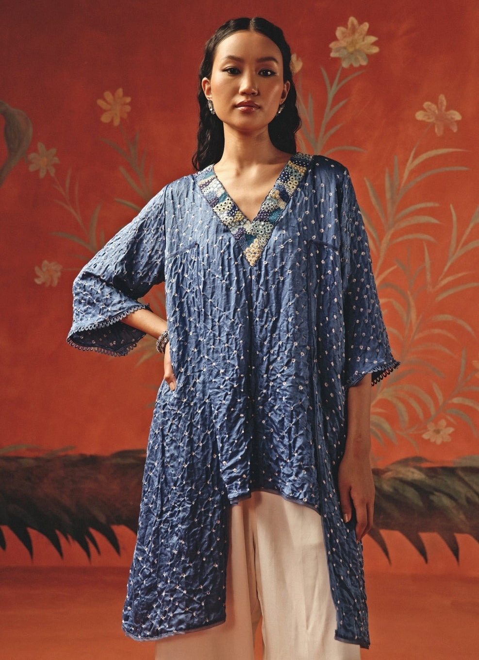 Blue And Ivory Bandhani Kurta Palazzo