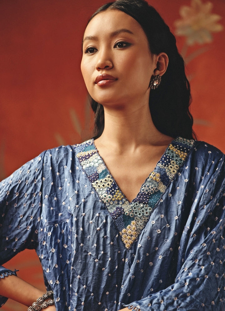 Blue And Ivory Bandhani Kurta Palazzo