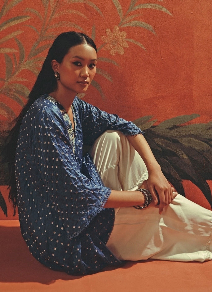 Blue And Ivory Bandhani Kurta Palazzo