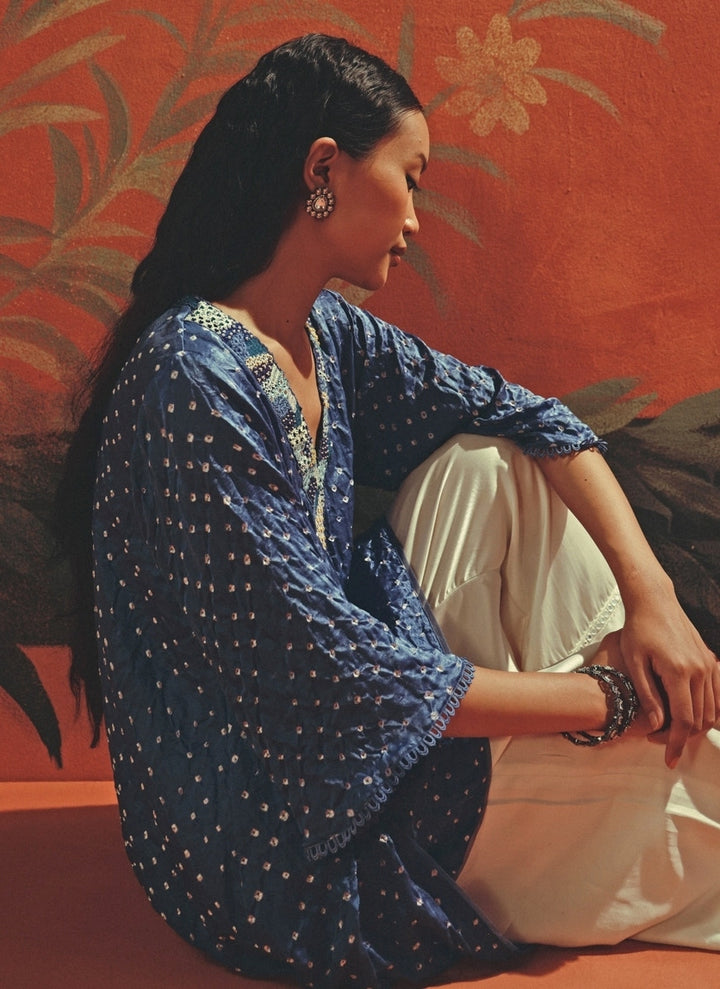 Blue And Ivory Bandhani Kurta Palazzo