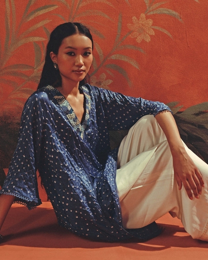 Blue And Ivory Bandhani Kurta Palazzo