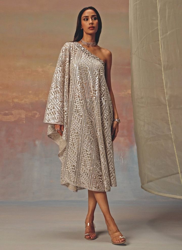 Silver Georgette One-Shoulder Mirrorwork Dress
