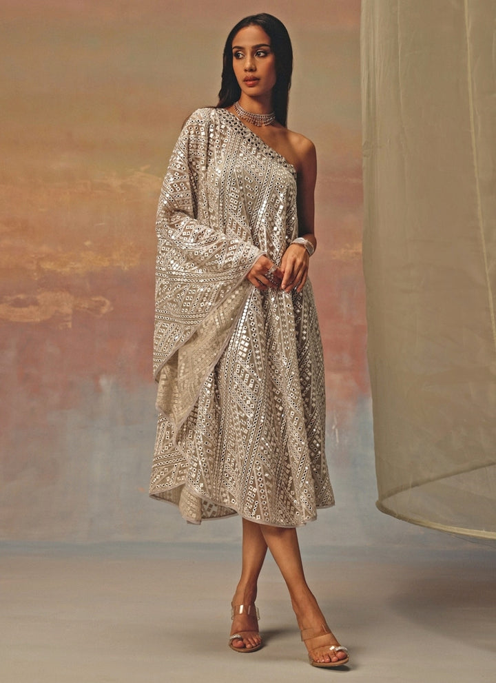 Silver Georgette One-Shoulder Mirrorwork Dress
