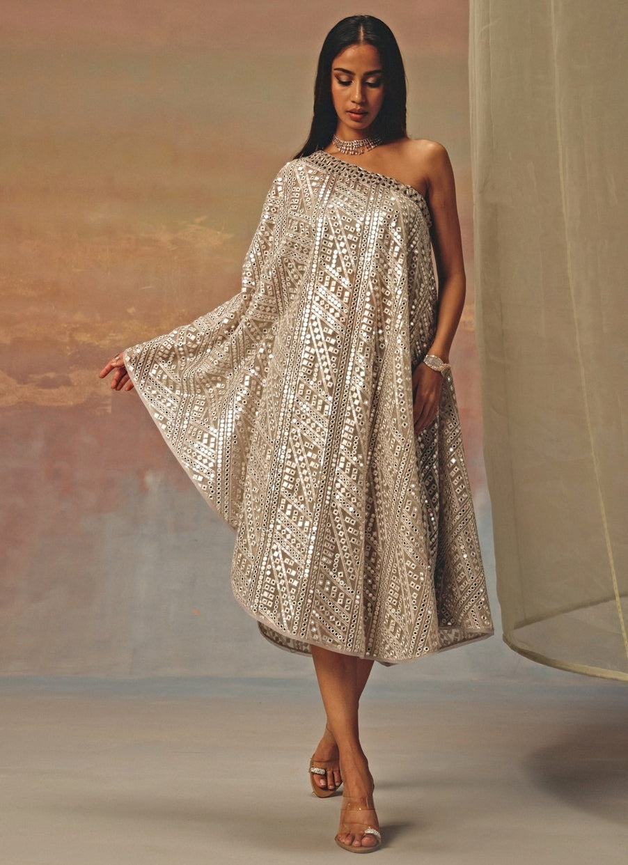 Silver Georgette One-Shoulder Mirrorwork Dress