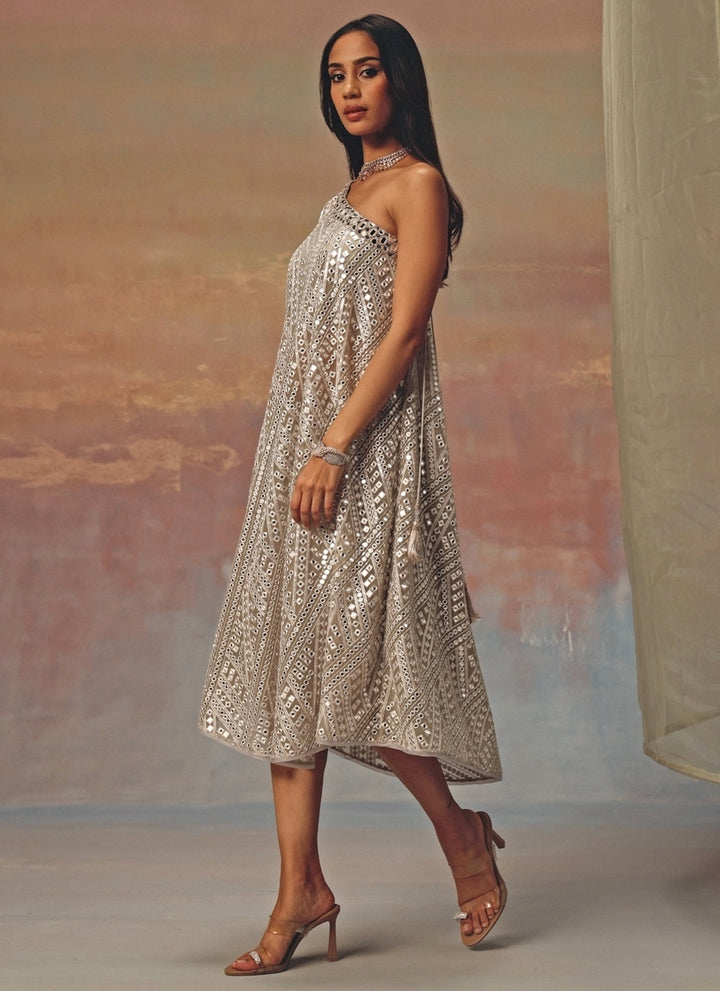 Silver Georgette One-Shoulder Mirrorwork Dress