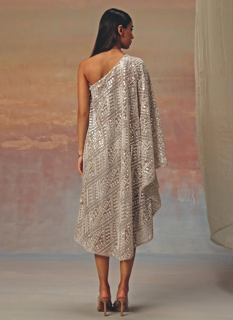 Silver Georgette One-Shoulder Mirrorwork Dress