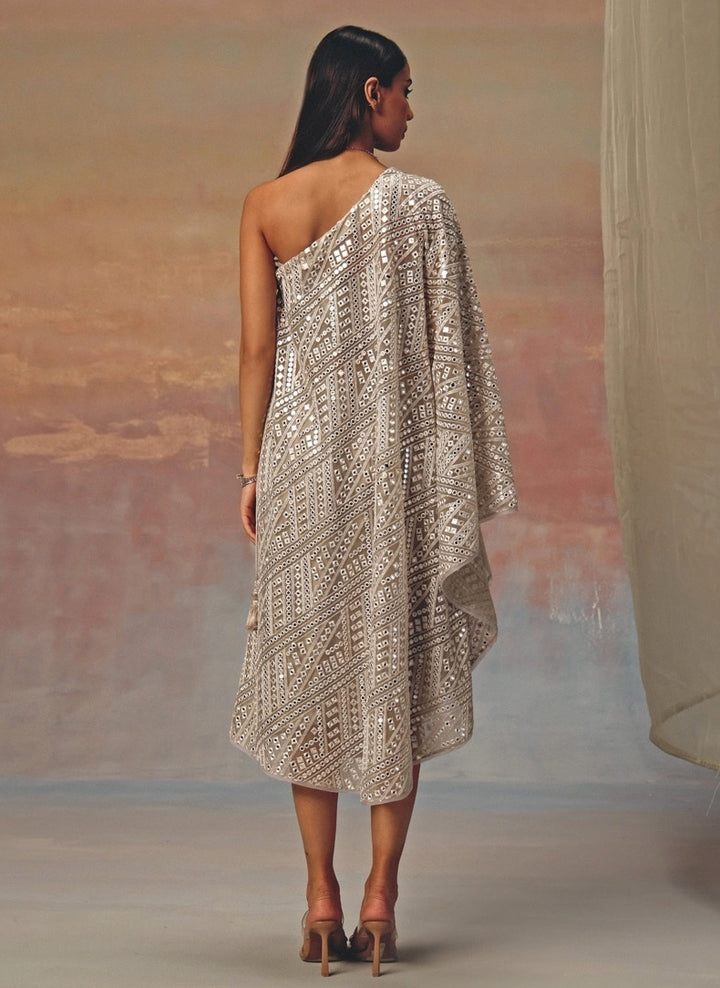 Silver Georgette One-Shoulder Mirrorwork Dress