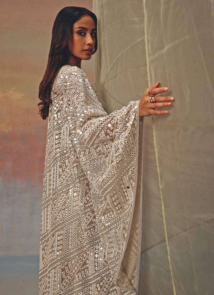 Silver Georgette One-Shoulder Mirrorwork Dress