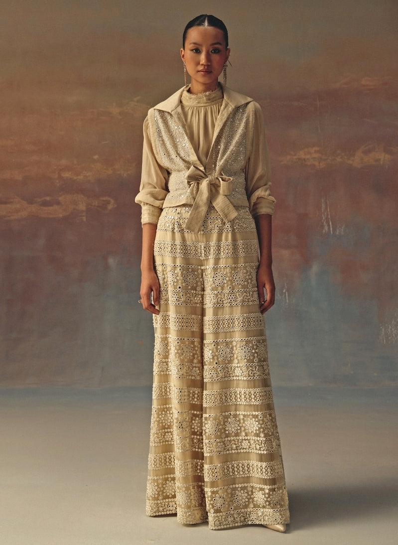 Ivory Soft Net Mirrorwork Palazzo With Gilet