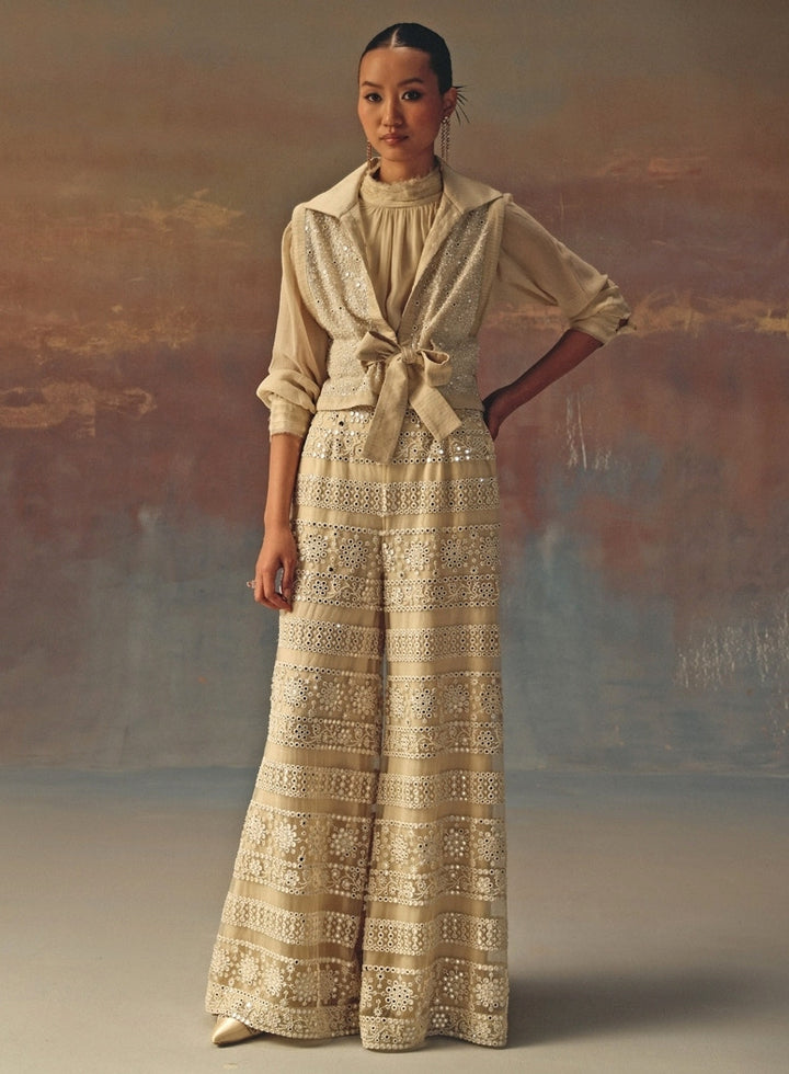 Ivory Soft Net Mirrorwork Palazzo With Gilet