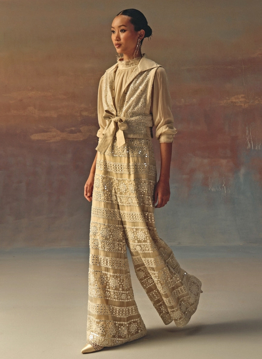 Ivory Soft Net Mirrorwork Palazzo With Gilet