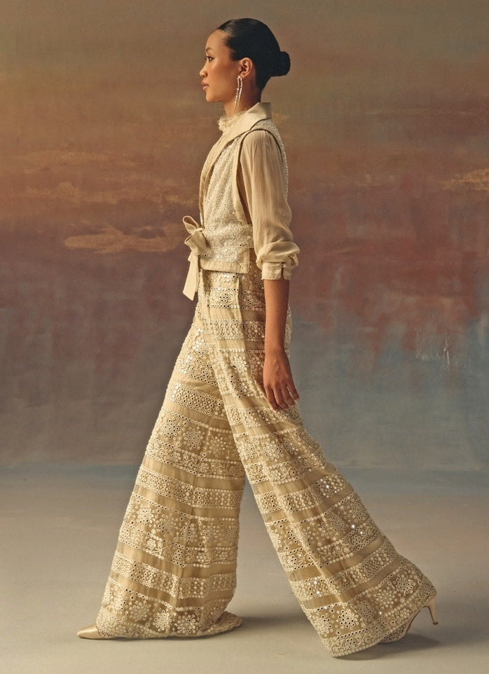Ivory Soft Net Mirrorwork Palazzo With Gilet