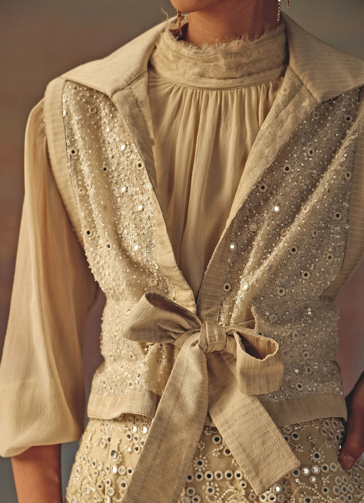 Ivory Soft Net Mirrorwork Palazzo With Gilet