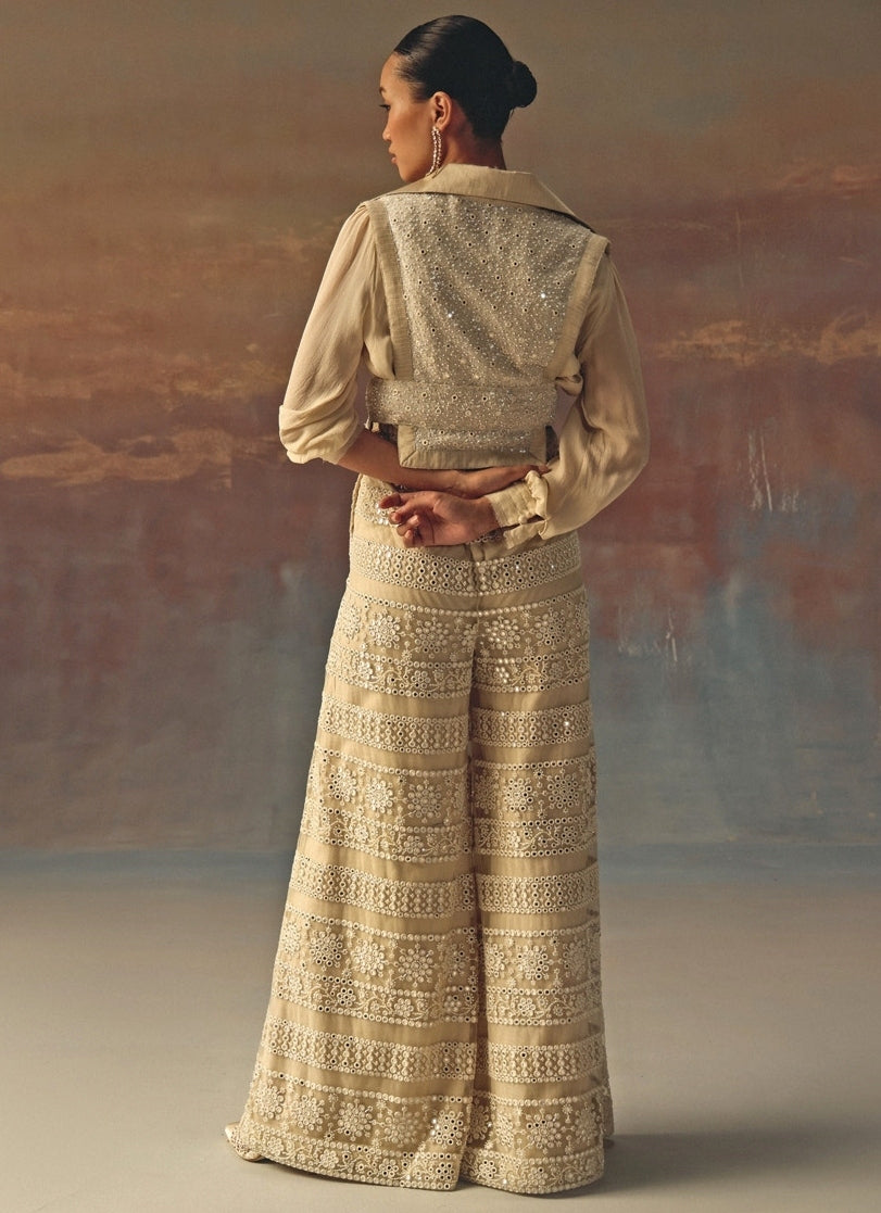 Ivory Soft Net Mirrorwork Palazzo With Gilet