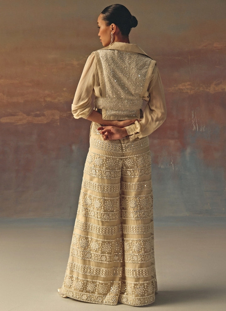 Ivory Soft Net Mirrorwork Palazzo With Gilet