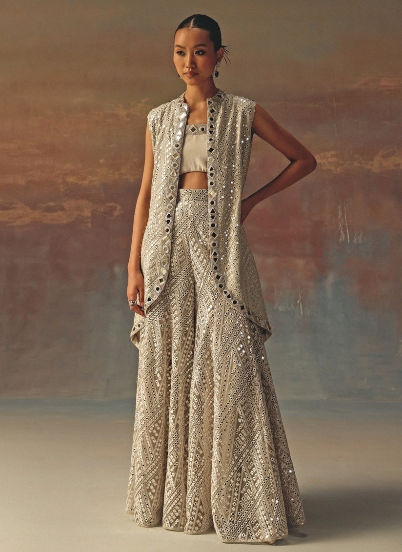 Silver Georgette Mirrorwork Blouse Sharara With Jacket