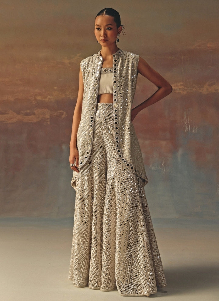 Silver Georgette Mirrorwork Blouse Sharara With Jacket
