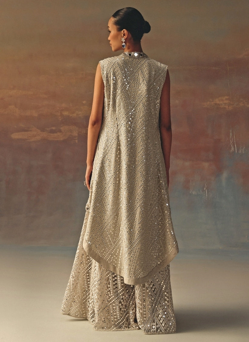 Silver Georgette Mirrorwork Blouse Sharara With Jacket
