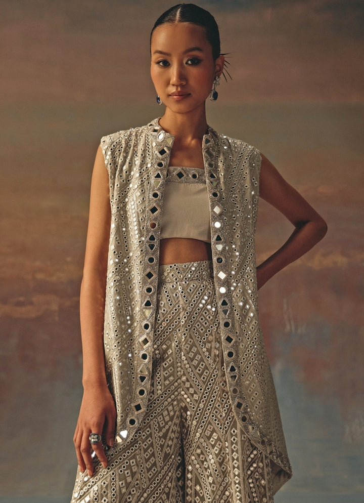 Silver Georgette Mirrorwork Blouse Sharara With Jacket