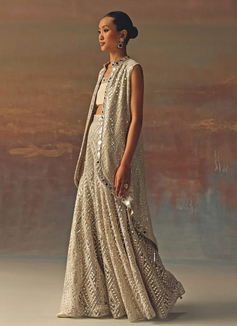 Silver Georgette Mirrorwork Blouse Sharara With Jacket