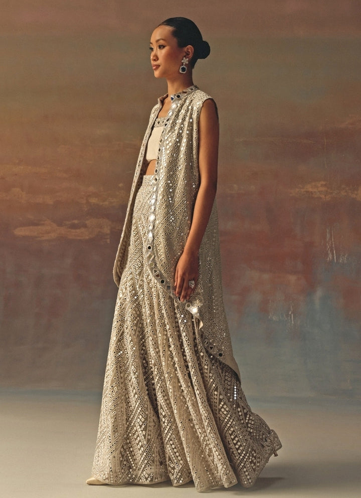 Silver Georgette Mirrorwork Blouse Sharara With Jacket