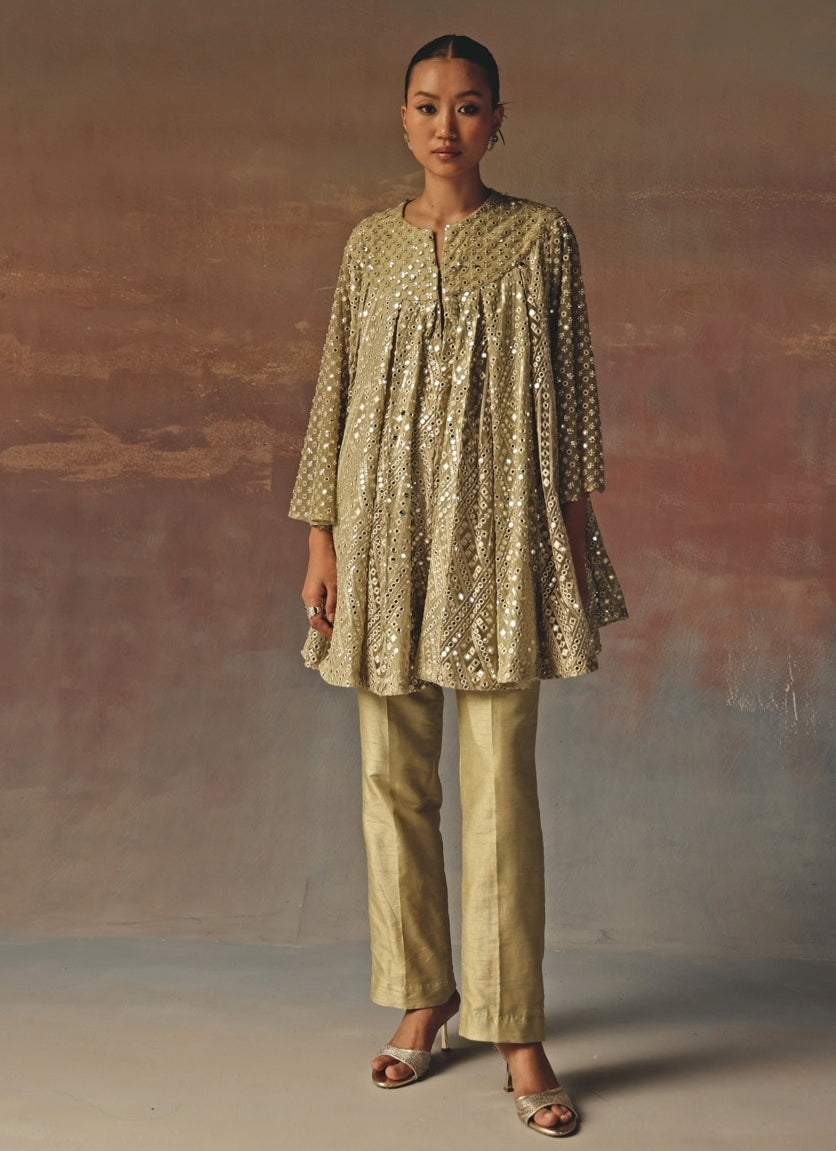 Sage Green Georgette Mirrorwork Kurta Pants