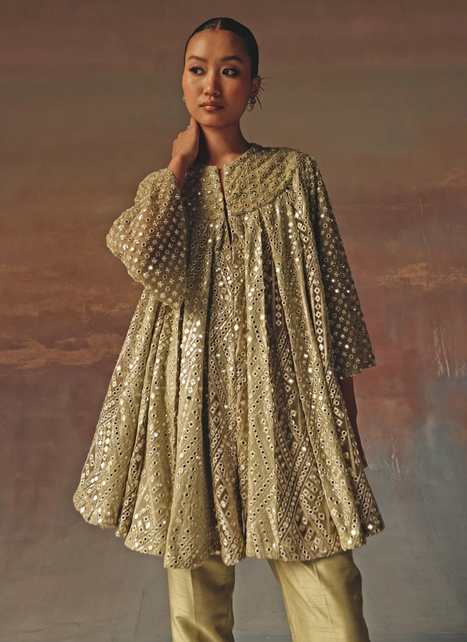 Sage Green Georgette Mirrorwork Kurta Pants