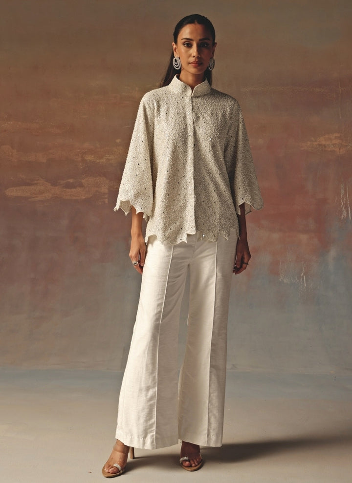 White Georgette Scallop Jacket Pants