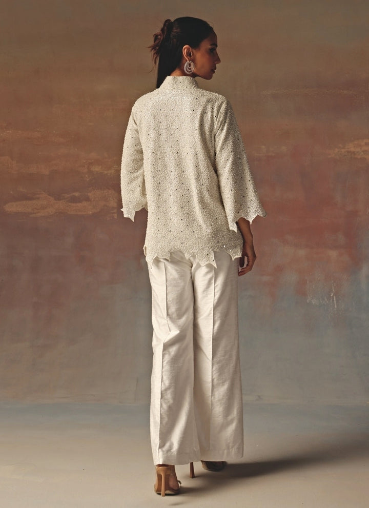 White Georgette Scallop Jacket Pants