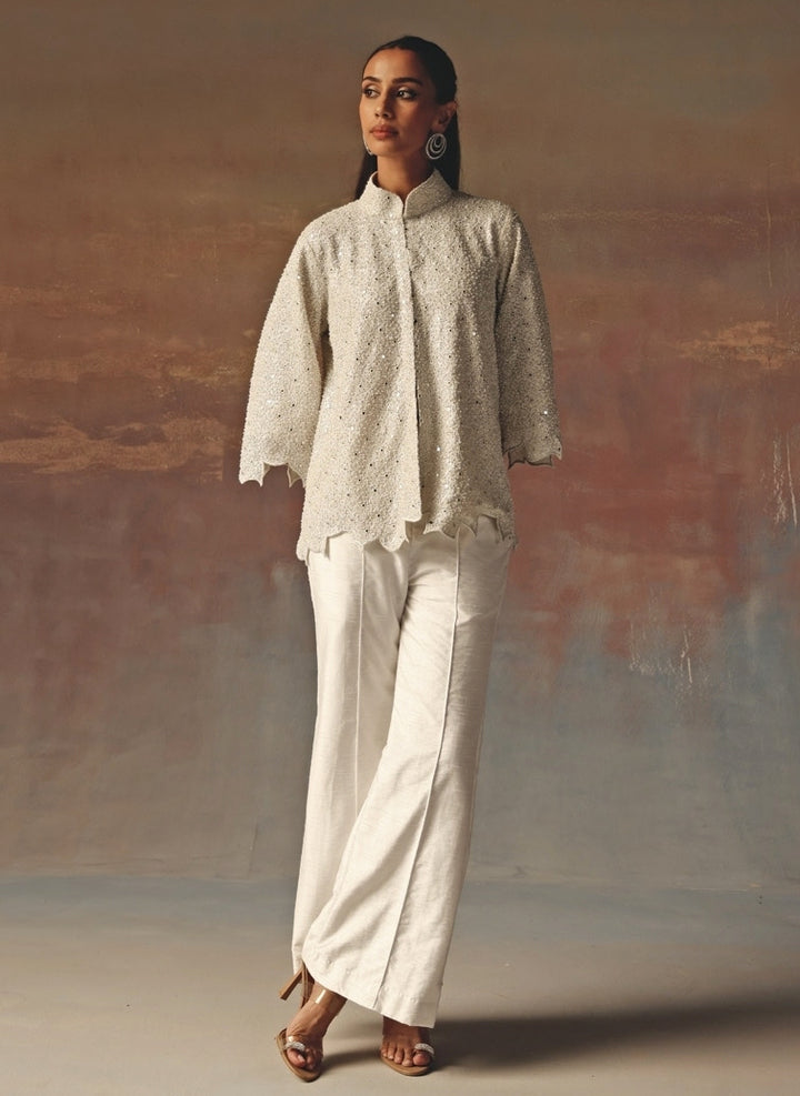 White Georgette Scallop Jacket Pants