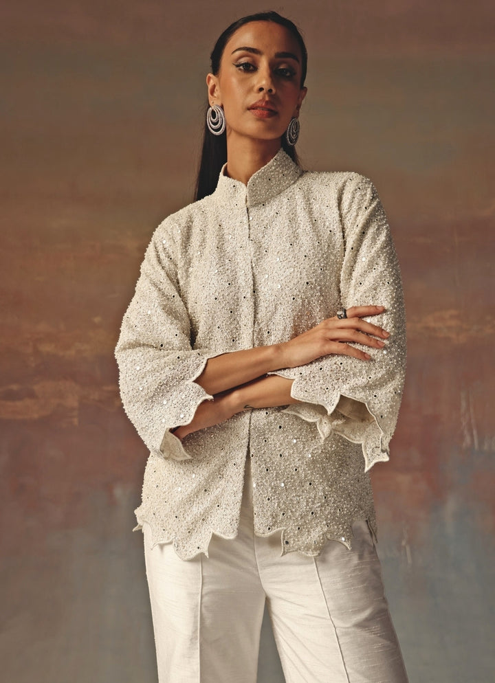 White Georgette Scallop Jacket Pants