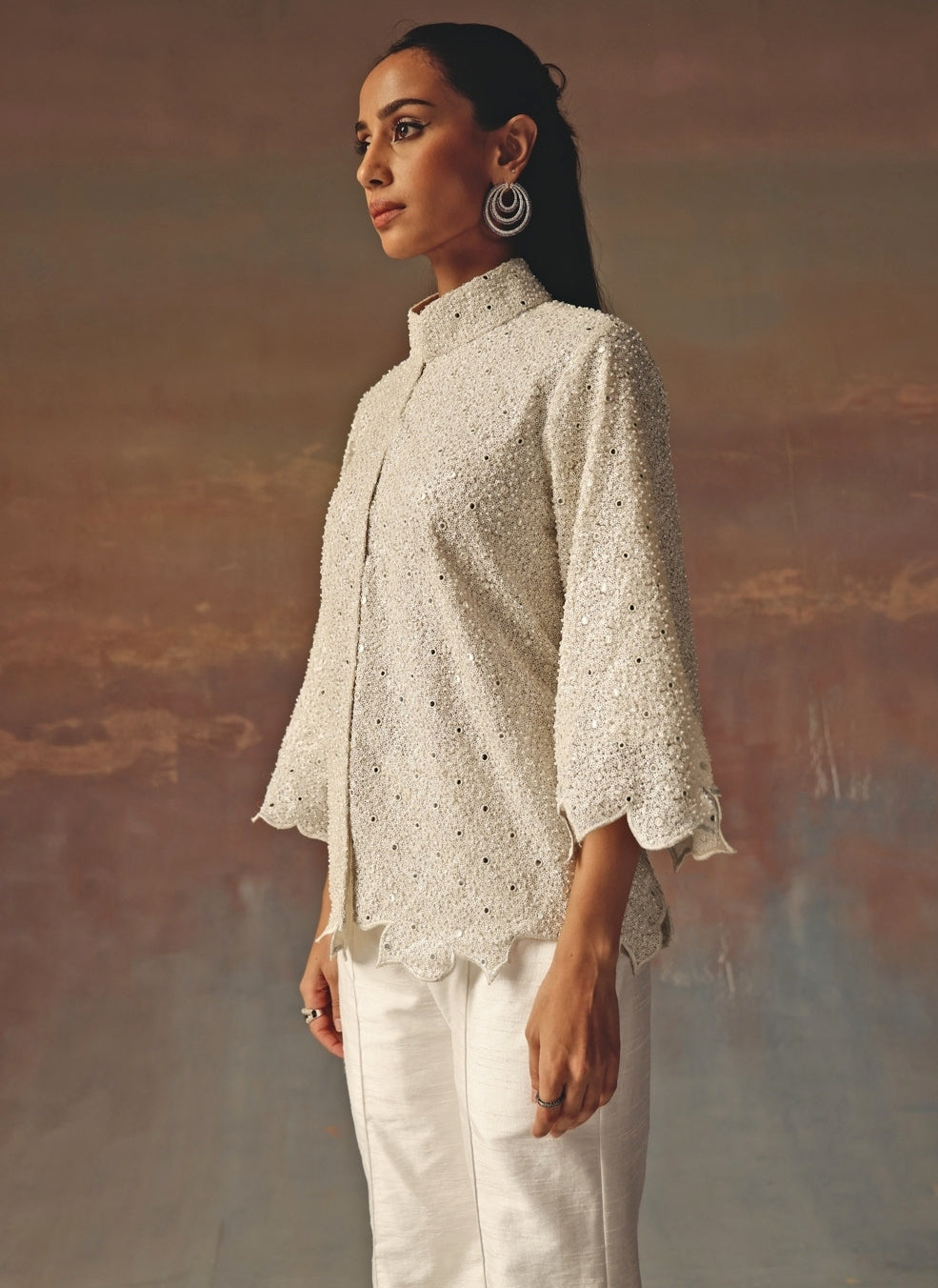 White Georgette Scallop Jacket Pants