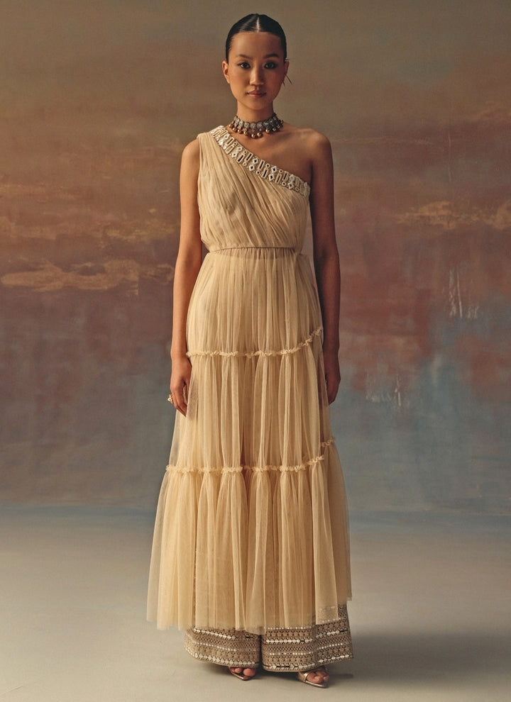 Beige Gold One Shoulder Soft Net Anarkali With Palazzo