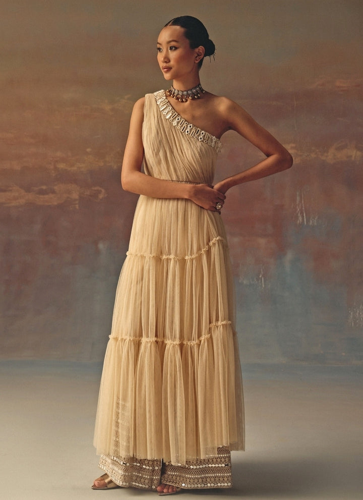 Beige Gold One Shoulder Soft Net Anarkali With Palazzo
