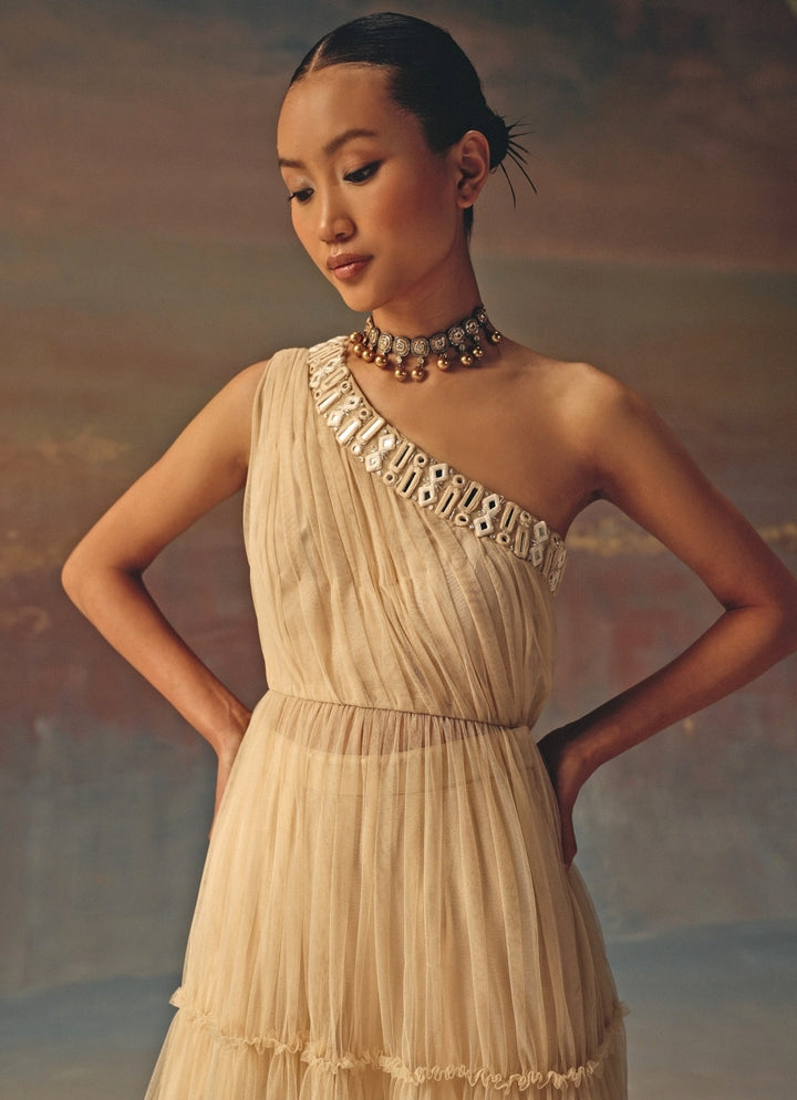 Beige Gold One Shoulder Soft Net Anarkali With Palazzo
