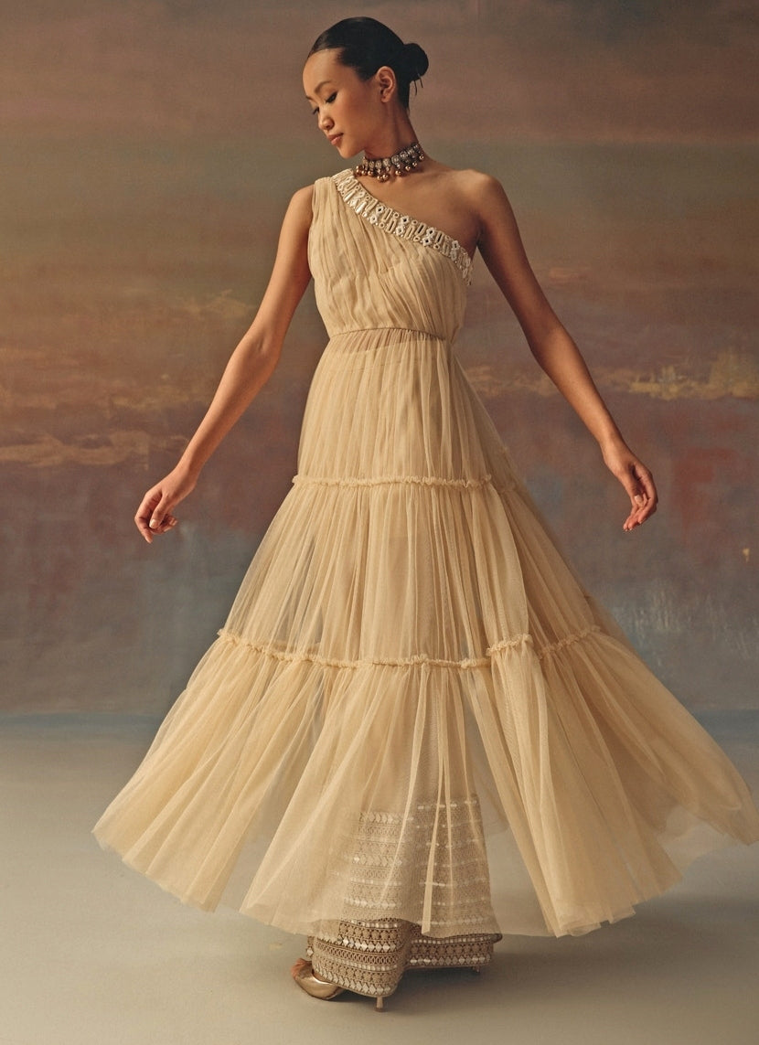 Beige Gold One Shoulder Soft Net Anarkali With Palazzo