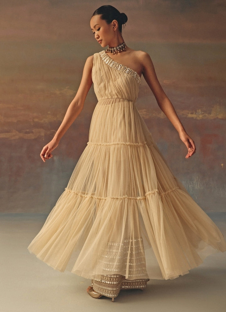 Beige Gold One Shoulder Soft Net Anarkali With Palazzo
