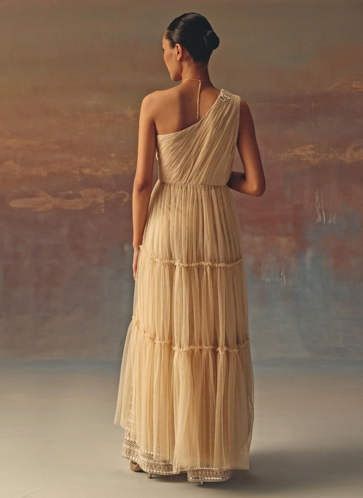 Beige Gold One Shoulder Soft Net Anarkali With Palazzo