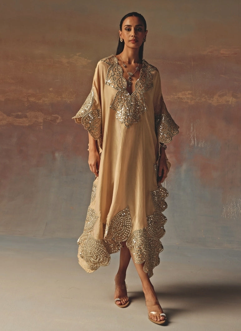 Beige Gold Tissue Organza Mirrorwork Kaftan