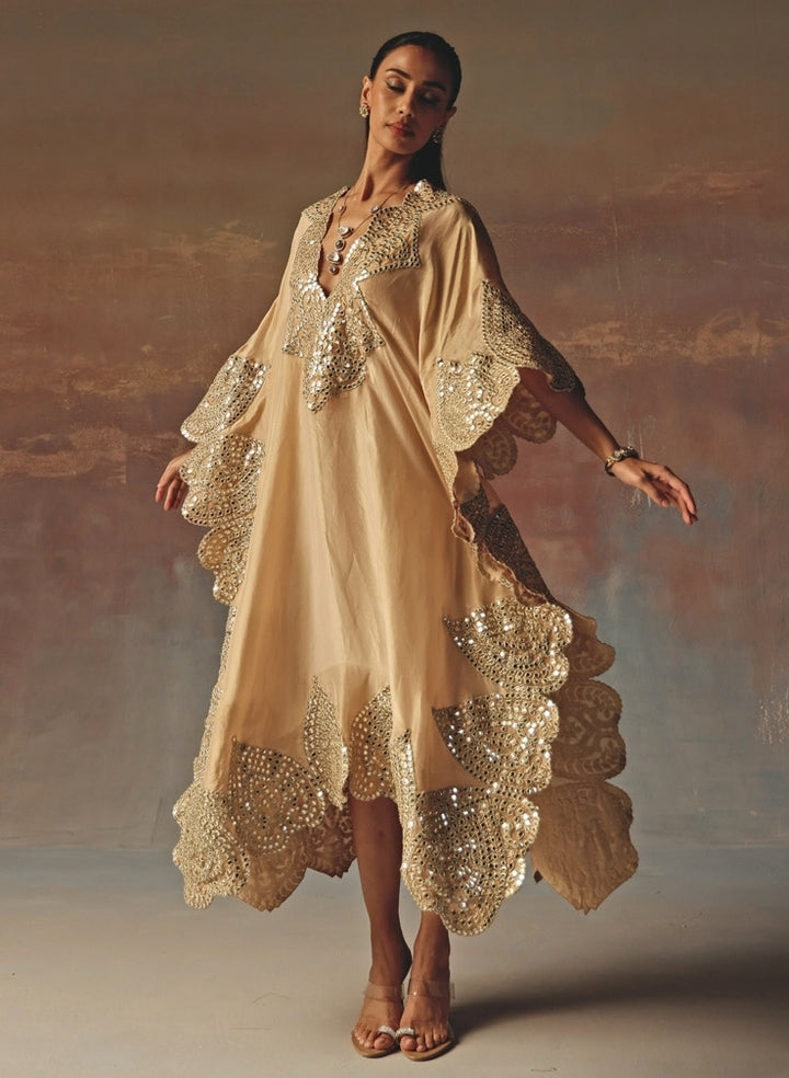 Beige Gold Tissue Organza Mirrorwork Kaftan
