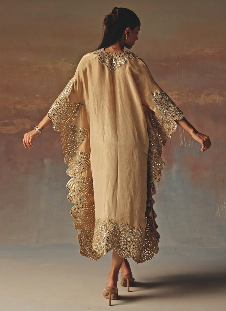 Beige Gold Tissue Organza Mirrorwork Kaftan