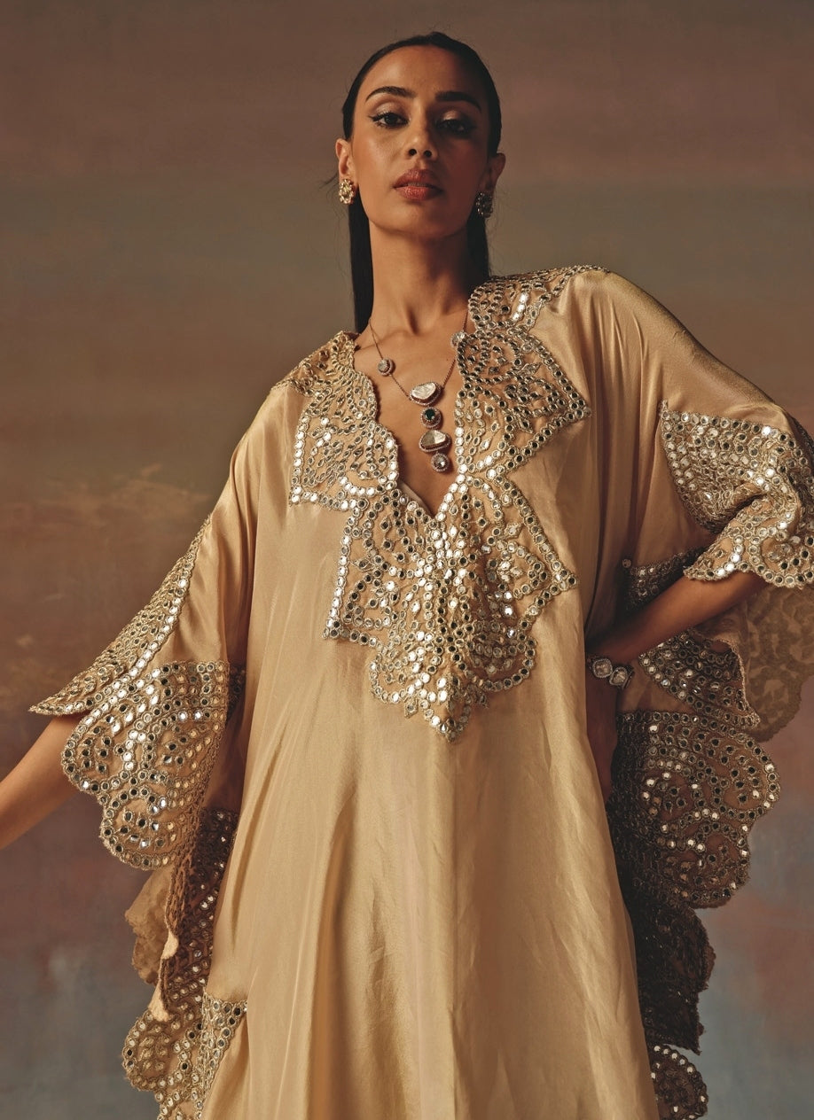 Beige Gold Tissue Organza Mirrorwork Kaftan